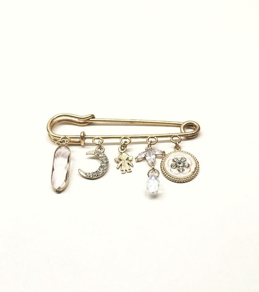 Baby Girl Stroller Pin, Gold Plated with Moon & Crystals