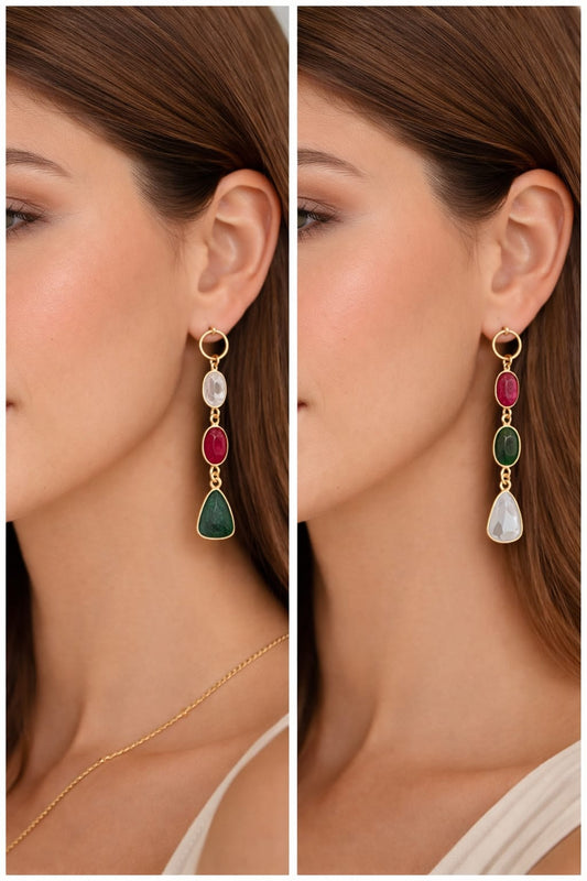 עגילים א-סימטריים משובצים אבני חן בגוונים ססגוניים