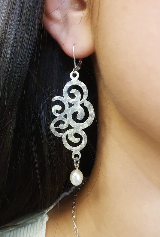 Ornamental Silver Earrings with Pearl Drop