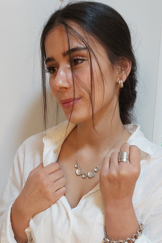 Geometric Silver Necklace with Engraved Texture