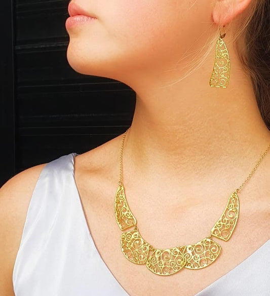 Gold Plated Ornamental Necklace and Earrings Set