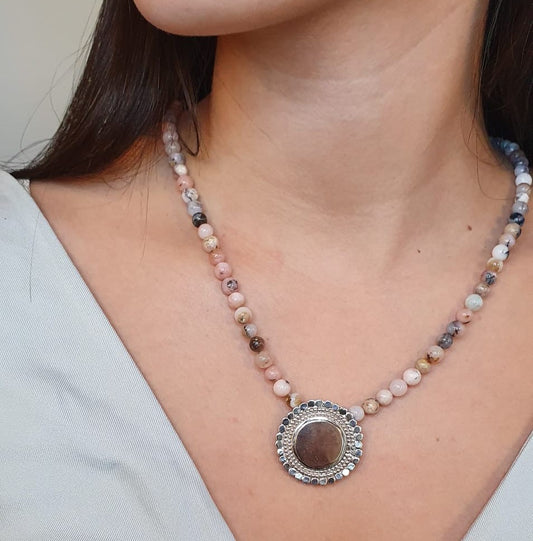 Natural Gemstone Necklace with Silver Gold Flower Pendant