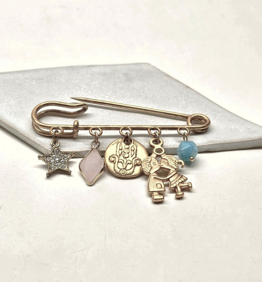 Gold Plated Baby Stroller Pin with Crystal Charms – Gemini Design