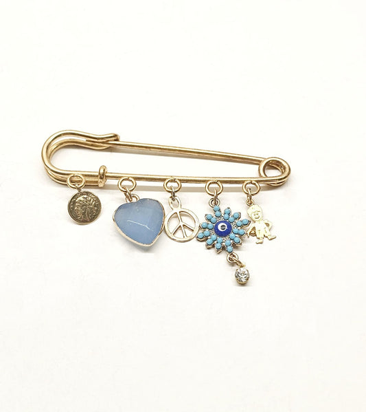 Baby Boy Stroller Pin with Crystals and Peace Symbol