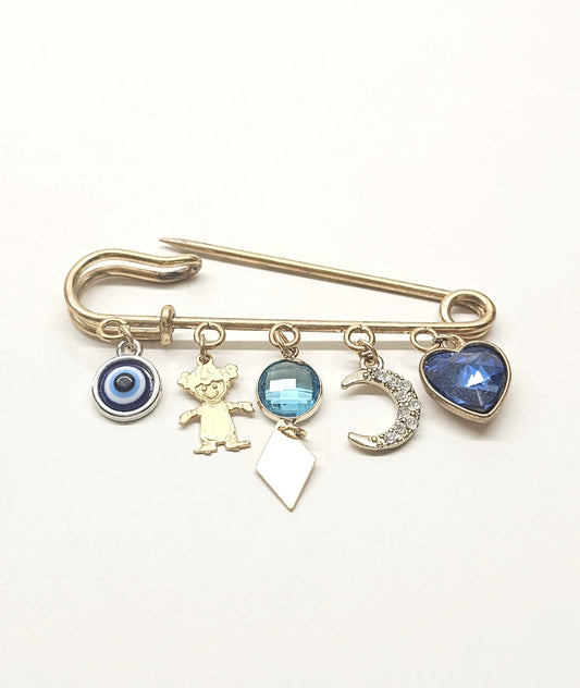 Gold Plated Baby Boy Stroller Pin with Crystal Charms