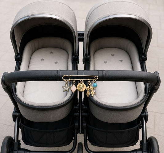Gold Plated Baby Stroller Pin with Crystal Charms – Gemini Design