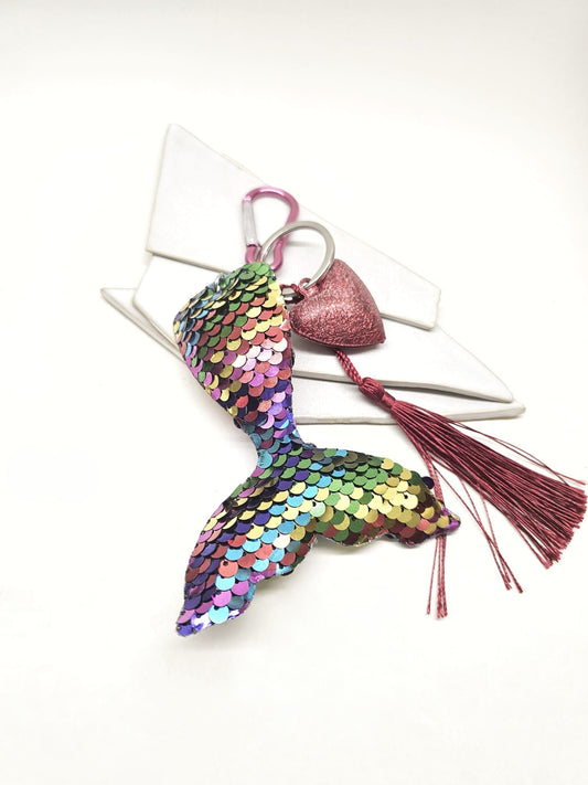 Rainbow Mermaid Tail Keychain with Pink Heart Charm