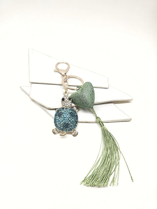 Crystal Turtle Keychain with Green Heart Charm