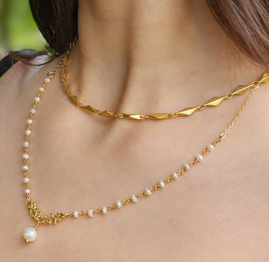 Gold Plated Double Necklace with Pearls