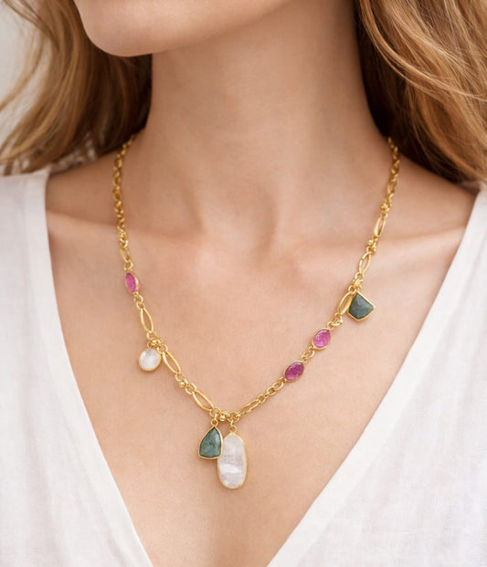 Gold Plated Gemstone Necklace in Elegant Design