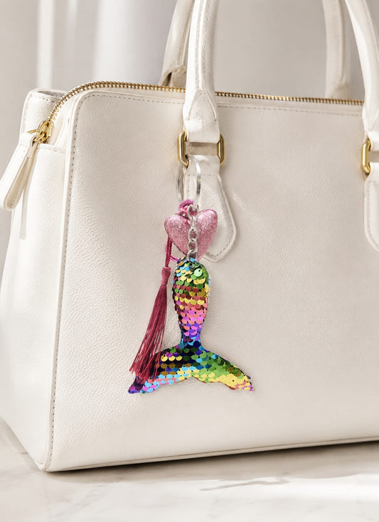 Rainbow Mermaid Tail Keychain with Pink Heart Charm