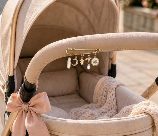 Baby Girl Stroller Pin, Gold Plated with Moon & Crystals