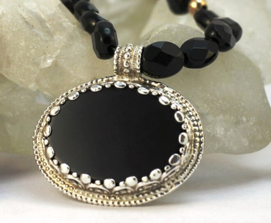 Oval Onix Necklace in Sterling Silver Ethnic Setting