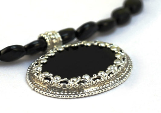 Oval Onix Necklace in Sterling Silver Ethnic Setting