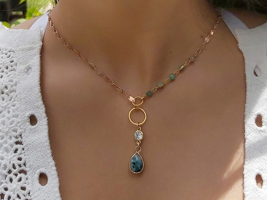 Gold Filled Necklace with Gemstones and Crystal Pendant
