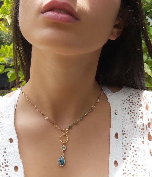 Gold Filled Necklace with Gemstones and Crystal Pendant