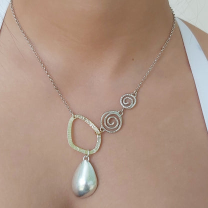Unique Asymmetrical Silver Necklace with Pearl
