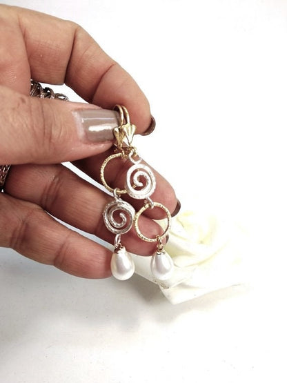 Gold Plated Silver Earrings | Elegant Pearl Dangles | Asymmetric Earrings | Classic Earrings for Evening | Bridal Earrings