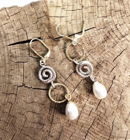 Gold Plated Silver Earrings | Elegant Pearl Dangles | Asymmetric Earrings | Classic Earrings for Evening | Bridal Earrings