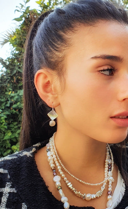 Sterling Silver Earrings | Delicate Earrings with white Pearl | Hammered Pendant