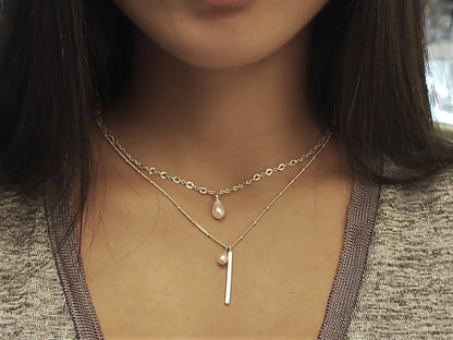 Set of 2 Silver Necklaces with Pearl | Delicate Pearl Necklace | Classic Necklace