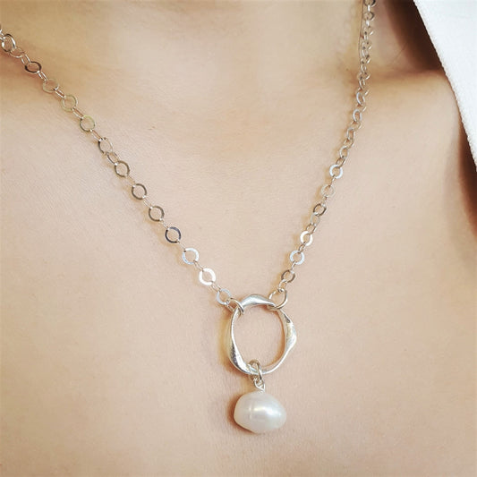 Sterling Silver Necklace with Baroque Pearl and Organic Hoop