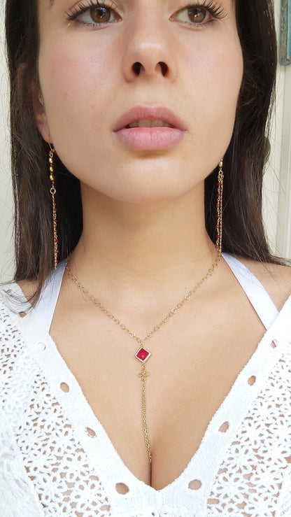 Gold Plated Silver Necklace with Red Crystal | Minimalist Necklace | Delicate and Classic