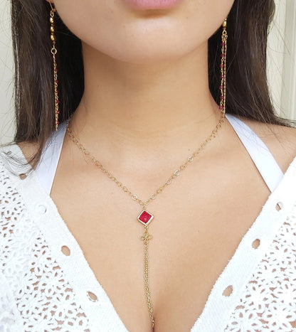 Gold Plated Silver Necklace with Red Crystal | Minimalist Necklace | Delicate and Classic