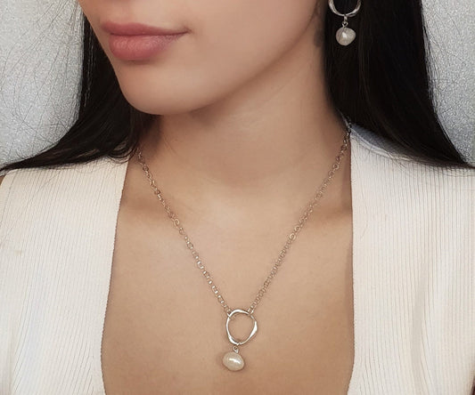 Sterling Silver Necklace with Baroque Pearl and Organic Hoop
