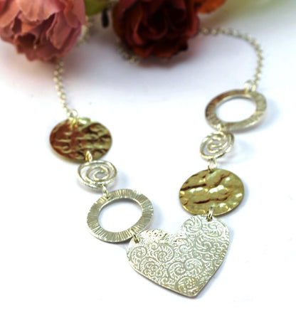 Unique silver gold necklace, Handmade jewelry, Heart necklace, Mix colors necklace, Silver pendant necklace, Statement necklace, Women gift