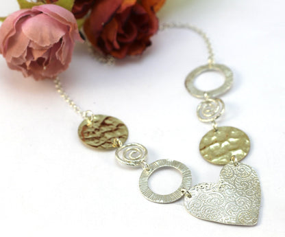 Unique silver gold necklace, Handmade jewelry, Heart necklace, Mix colors necklace, Silver pendant necklace, Statement necklace, Women gift