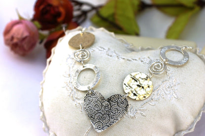 Unique silver gold necklace, Handmade jewelry, Heart necklace, Mix colors necklace, Silver pendant necklace, Statement necklace, Women gift