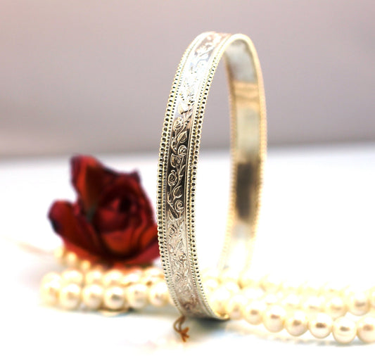 צמיד כסף סטרלינג 925 עם טקסטורת עלים בעיצוב אוריינטלי קלאסי